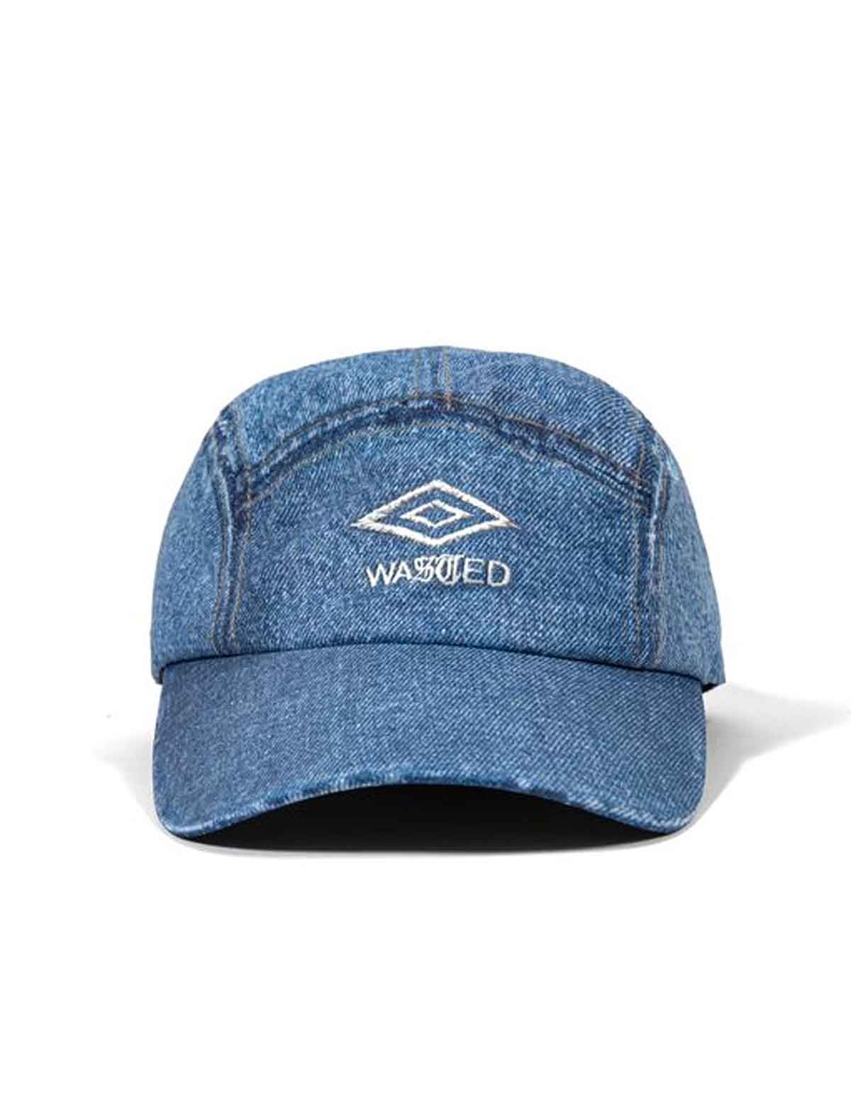 Wasted Paris x Umbro Trompe L'Oel Track Blue denim cap with a logo and text on a white background